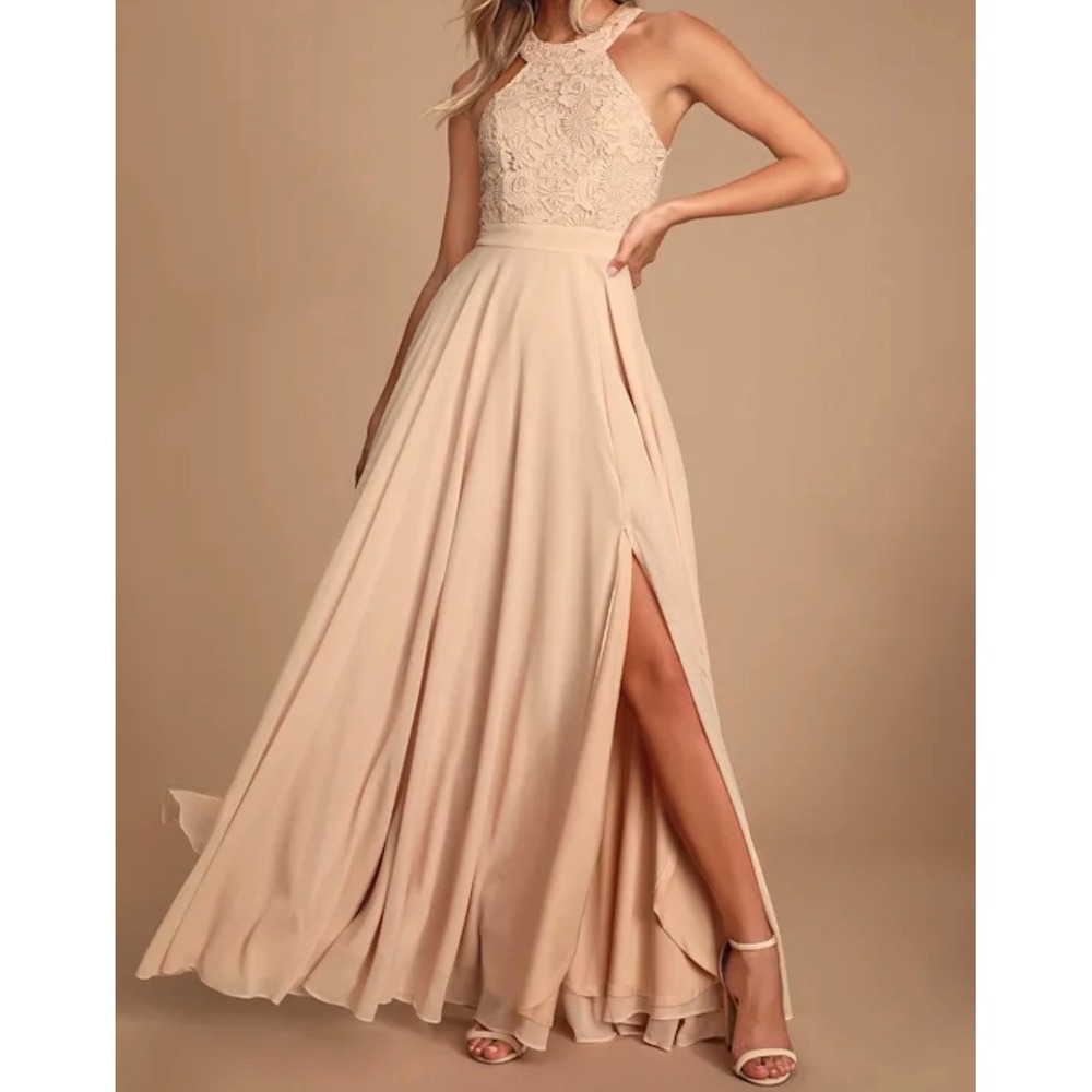 Lulus Picture Perfect Blush Lace Maxi Dress Halter Neck Side Slit XS NEW